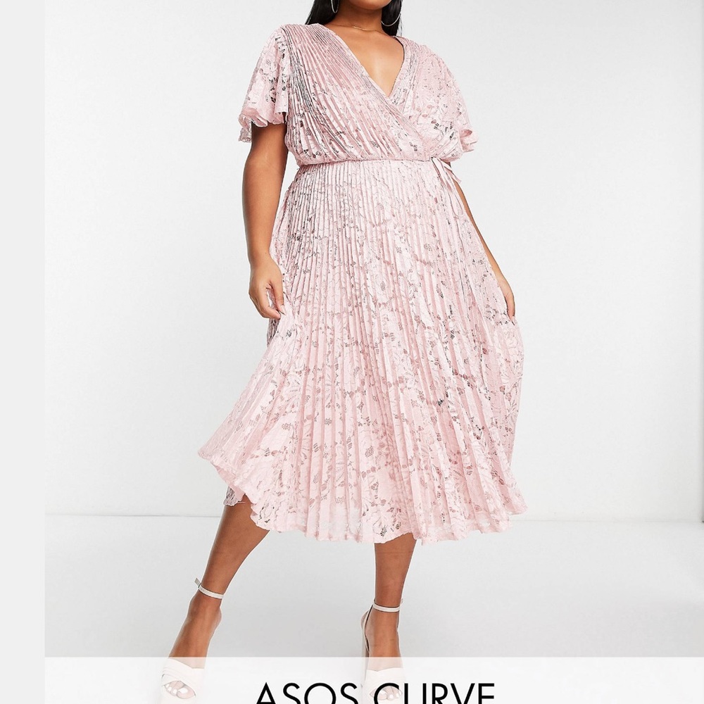 ASOS DESIGN Curve Exclusive lace pleated midi dress with tie detail in blush